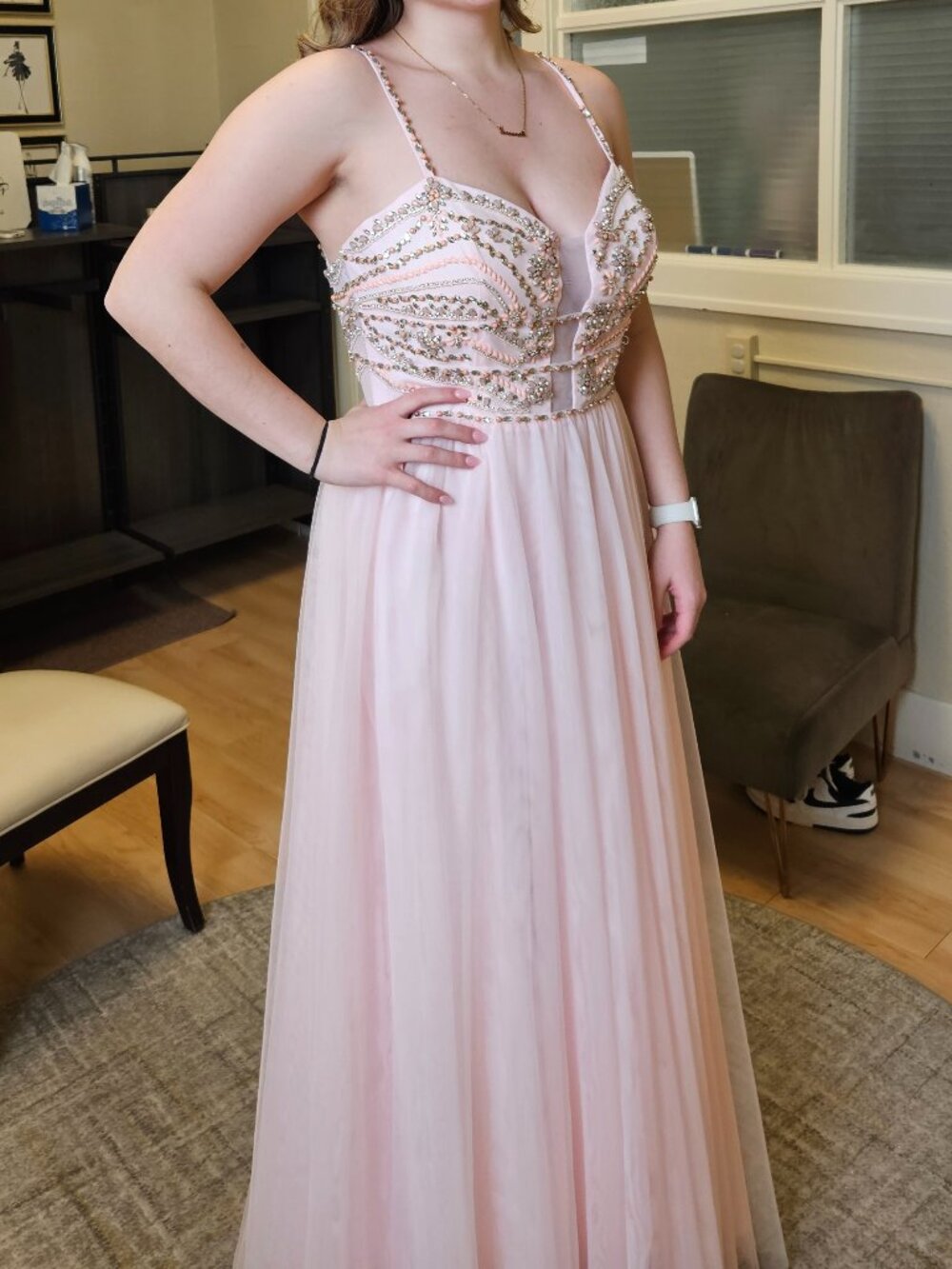 Size 14 pink gown w/ beaded spaghetti straps &bodice an illusion neck Aline gown